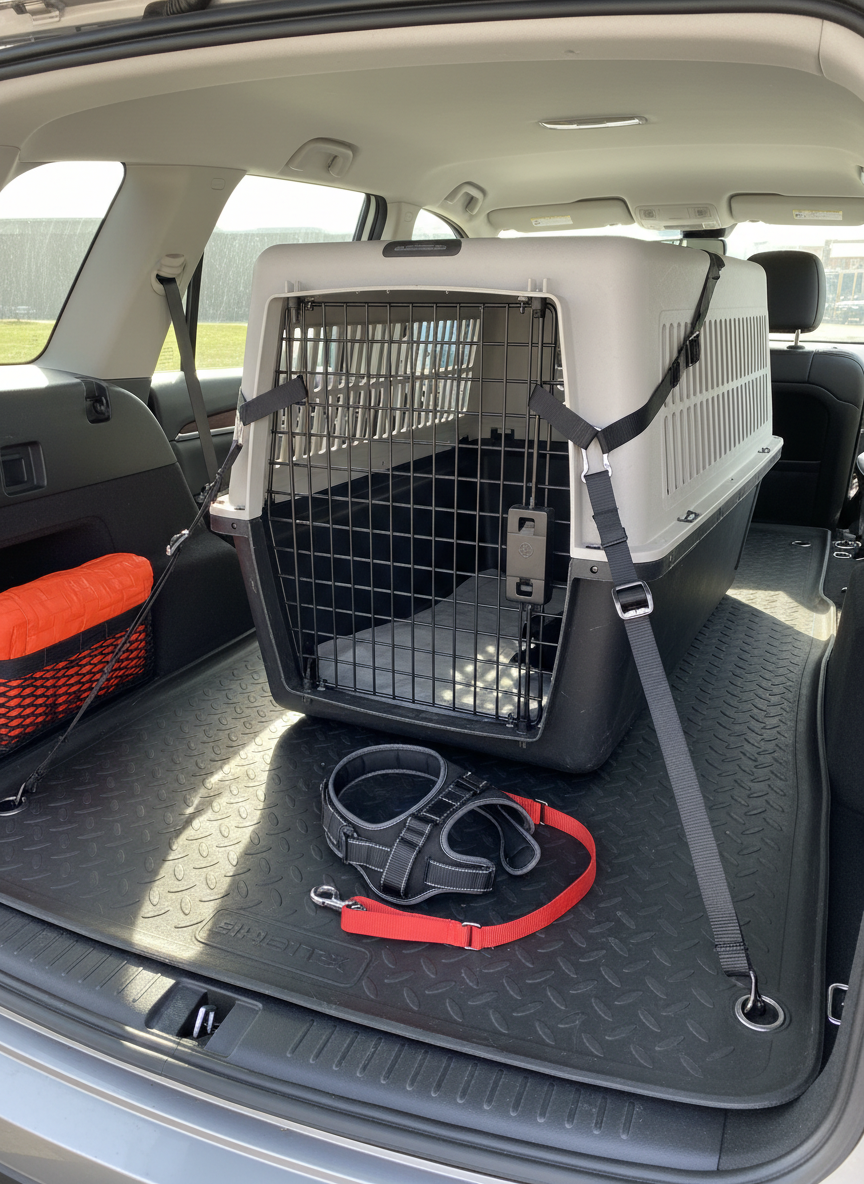 A clean vehicle cargo area prepared for safe pet transport, with a crash-tested kennel secured by straps, a non-slip rubber mat on the floor, and a folded emergency blanket neatly tucked to one side. A well-fitted harness and seat belt tether lie coiled on the mat, ready for use. Daylight filters through the rear windows, creating clear, even lighting that highlights the sturdy textures of plastic, metal, and fabric. Photographic realism with a slightly elevated rear-facing composition shows the entire setup at once, emphasizing professionalism, safety protocols, and the advanced planning of a medically trained pet sitter for vet trips or emergency transport.