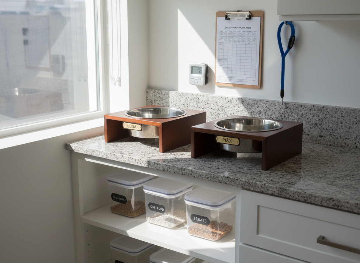 A tidy kitchen corner set up for professional pet care, featuring two elevated stainless steel feeding stations, clearly labeled with engraved nameplates, and a row of organized, airtight food containers on a low shelf. A detailed printed feeding chart on a clipboard rests on the countertop, while a digital timer and a neatly folded slip lead hang nearby. Bright, natural daylight pours in from a side window, creating crisp reflections on the metal bowls and clean countertops. Photographic realism with a slightly angled, medium-wide shot emphasizes structure and clarity, conveying meticulous, veterinary-level attention to routine, nutrition, and safety in daily pet sitting tasks.