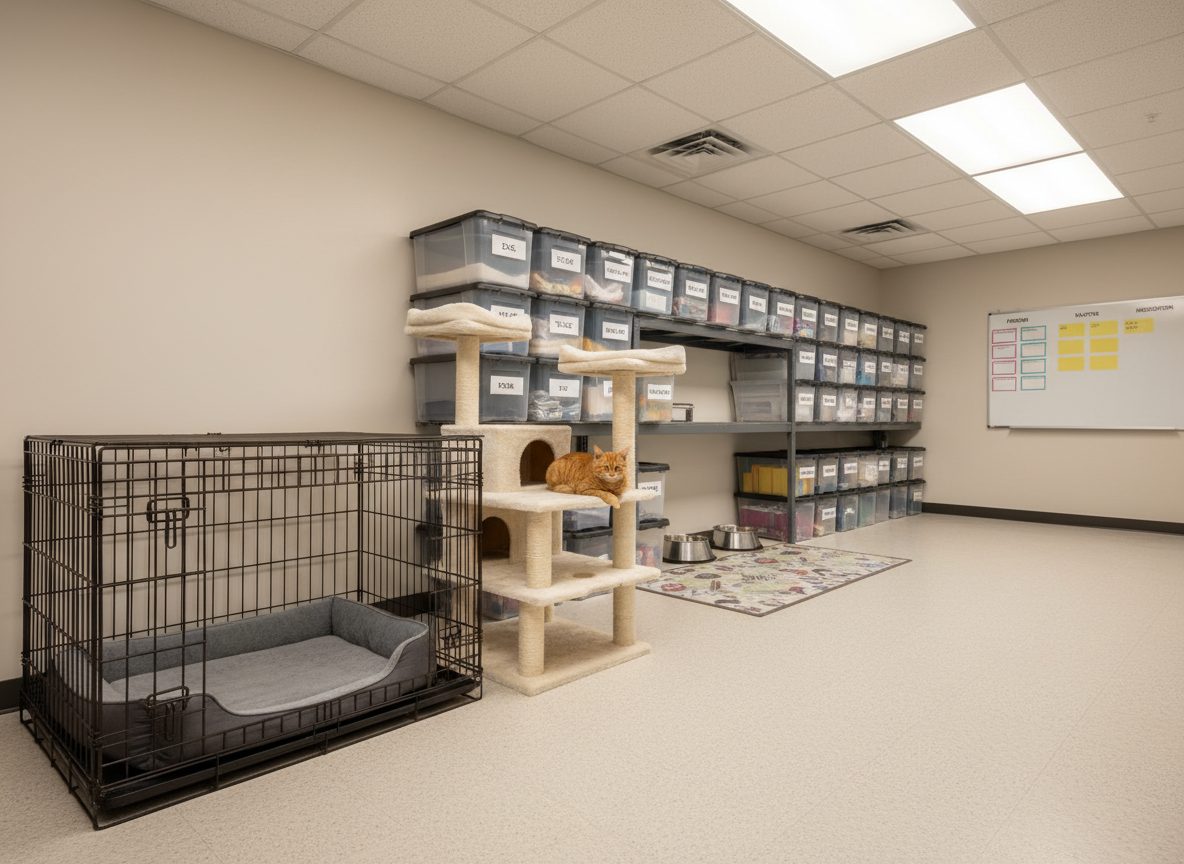 A spacious, well-organized pet care room featuring a large crate with a thick orthopedic dog bed, a separate cozy cat tree with multiple levels, and neatly labeled bins of pet supplies along a wall. Stainless steel food and water bowls sit on a washable mat, and a whiteboard schedule with color-coded blocks is visible in the softly blurred background. Warm, diffused ceiling lighting creates an even, welcoming glow with minimal harsh shadows. Shot at a slightly elevated angle in photographic realism, the composition emphasizes cleanliness, order, and preparedness, reinforcing a professional, safety-focused pet sitting environment where every detail is thoughtfully managed.