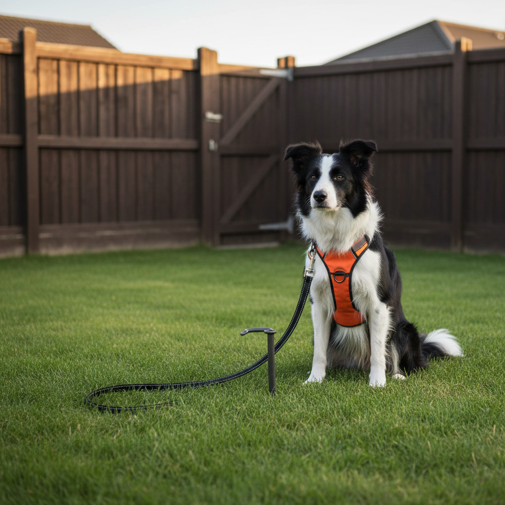 A calm, alert border collie sitting on a neatly trimmed backyard lawn, wearing a bright, secure harness with reflective strips and a sturdy leash clipped to a nearby anchored point. In the background, a tall, well-maintained fence and a closed gate highlight the secure, enclosed environment. Late afternoon golden-hour sunlight casts a warm glow on the dog’s fur and creates long, soft shadows across the grass. Captured at a low, eye-level angle in photographic realism, the composition places the dog slightly off-center following the rule of thirds, evoking a mood of safety, attentive supervision, and controlled, enriching outdoor time provided by a professional pet sitter.