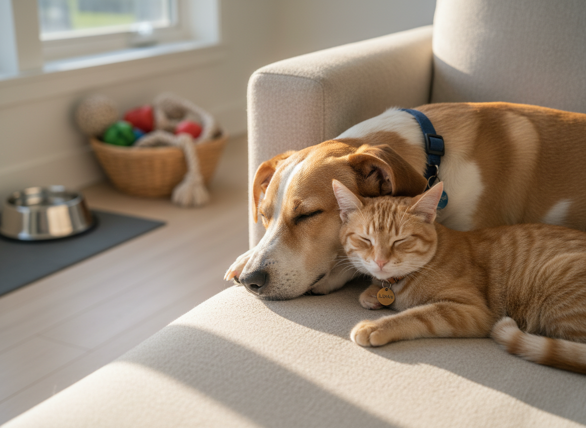 A calm, medium-sized mixed-breed dog and a relaxed domestic shorthair cat resting together on a plush, neutral-toned sofa, each wearing a simple, secure collar with an engraved tag. The living room setting is tidy and modern, with a few well-organized pet toys and a stainless steel water bowl on a nearby mat. Soft afternoon light filters through a large window, creating gentle highlights on their fur and subtle shadows on the fabric. Photographic realism with an eye-level composition and shallow depth of field keeps the animals in crisp focus while the background softly blurs, conveying safety, comfort, and professional, trustworthy pet sitting care.