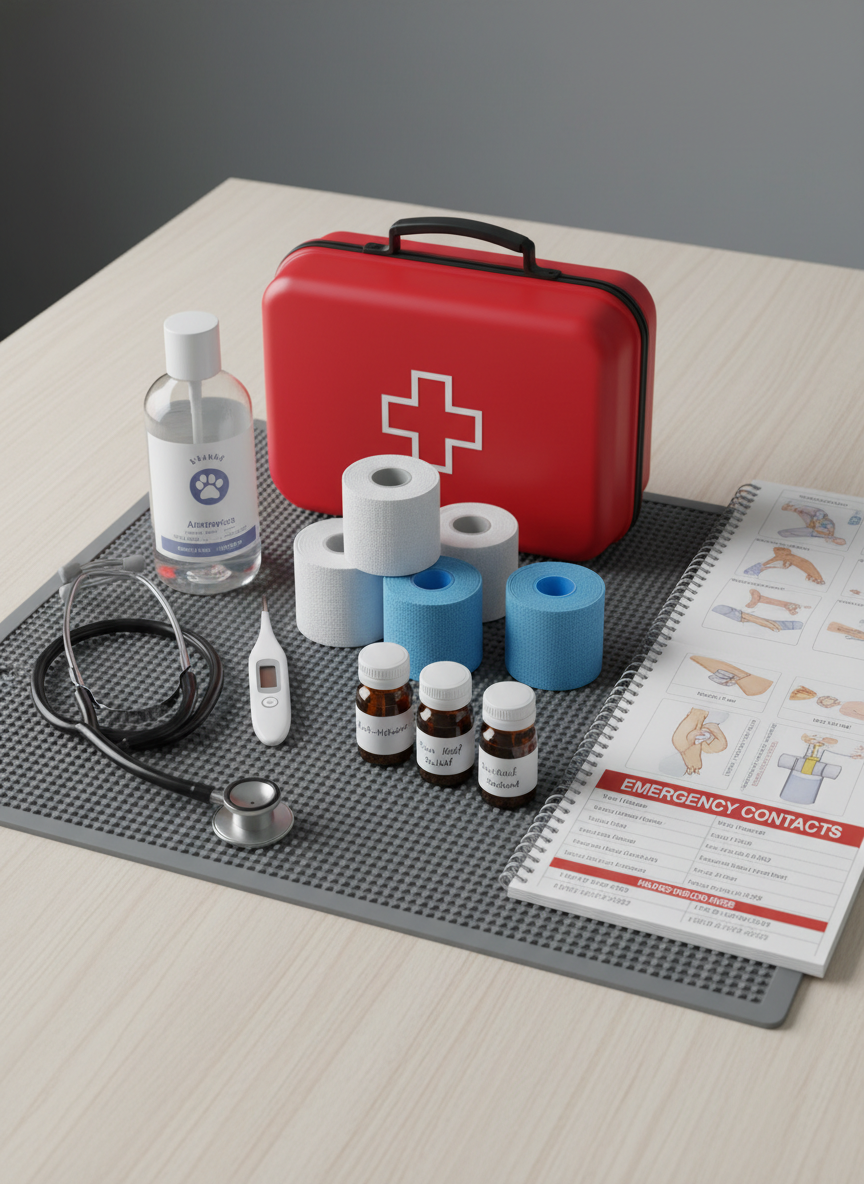 A compact, well-organized pet first aid and emergency station set up on a clean tabletop, including a red pet first aid kit with a clear cross symbol, a stethoscope, a digital thermometer, bandage rolls, pet-safe antiseptic, and clearly labeled medication bottles placed neatly on a non-slip mat. An open reference guide with diagrams and a laminated emergency contact list are visible nearby. Cool, even overhead lighting ensures every item is well-illuminated without dramatic shadows. Photographic realism with a slightly elevated, straight-on composition emphasizes clarity and detail, projecting confidence, preparedness, and the advanced medical knowledge of a pet sitter with ER/ICU veterinary technician experience.