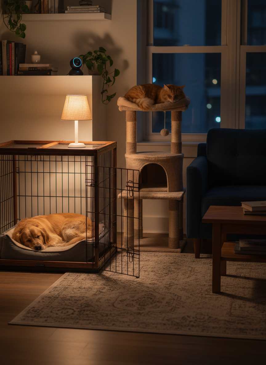 A peaceful nighttime living room scene where a large crate with a soft bed and an open door sits near a small, dimly glowing lamp, while a cat tree with a cushioned perch stands by a window. A dog and cat both rest comfortably, breathing evenly, with a baby monitor camera subtly positioned on a shelf in the background. The lighting is low and warm, with gentle pools of light and soft shadows, creating a secure, watchful atmosphere. Photographic realism with a wider, eye-level composition keeps the space readable, underscoring overnight pet sitting, quiet monitoring, and peace of mind for pet guardians.