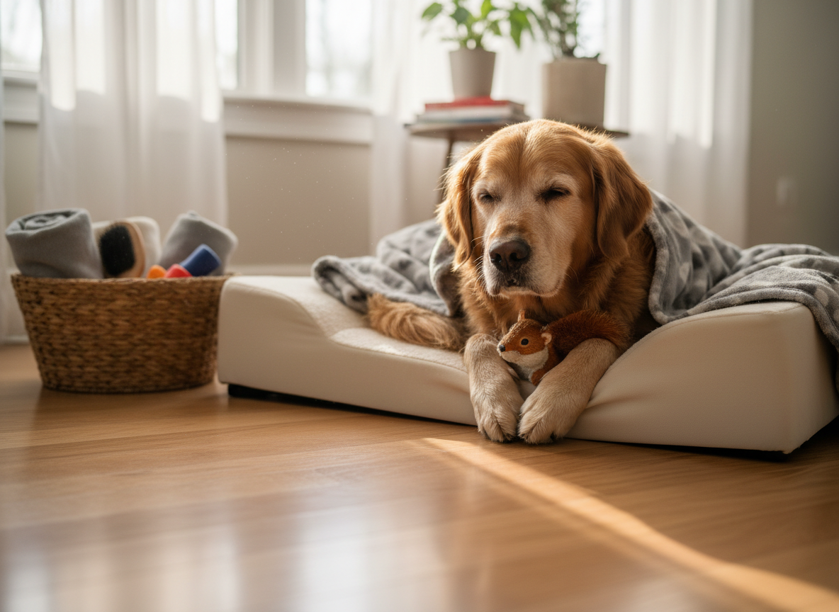 A senior golden retriever peacefully napping on a supportive memory-foam dog bed beside a quiet corner, a soft fleece blanket partially draped over its body and a favorite plush toy tucked near its paws. The environment is a serene, clean home setting with tidy hardwood floors and a nearby basket of well-kept pet accessories. Gentle morning light streams in through a window with sheer curtains, casting a warm, reassuring glow and soft shadows. Photographic realism with a close, eye-level composition and shallow depth of field centers attention on the dog’s relaxed expression, creating a mood of compassion, experienced care, and gentle monitoring for older pets.